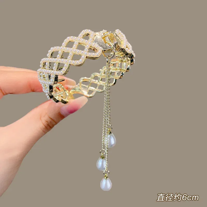 Elegant Luxury Rhinestone Tassel Ponytail Hair Claws Sweet Meatball Hair Clips Headband Fashion Hair Accessories
