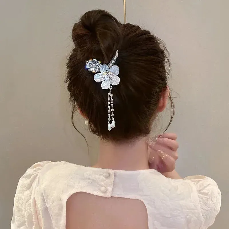 Elegant Luxury Rhinestone Tassel Ponytail Hair Claws Sweet Meatball Hair Clips Headband Fashion Hair Accessories