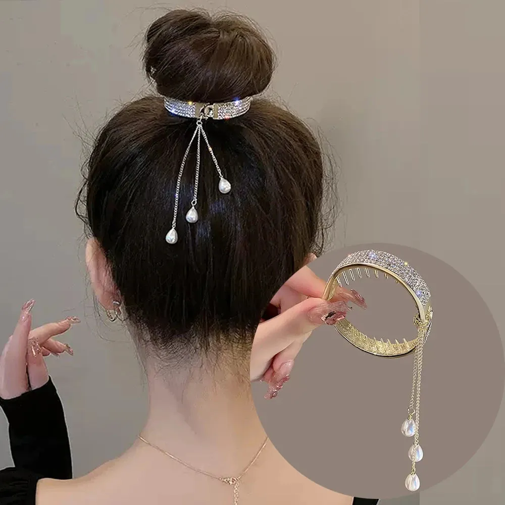 Elegant Luxury Rhinestone Tassel Ponytail Hair Claws Sweet Meatball Hair Clips Headband Fashion Hair Accessories