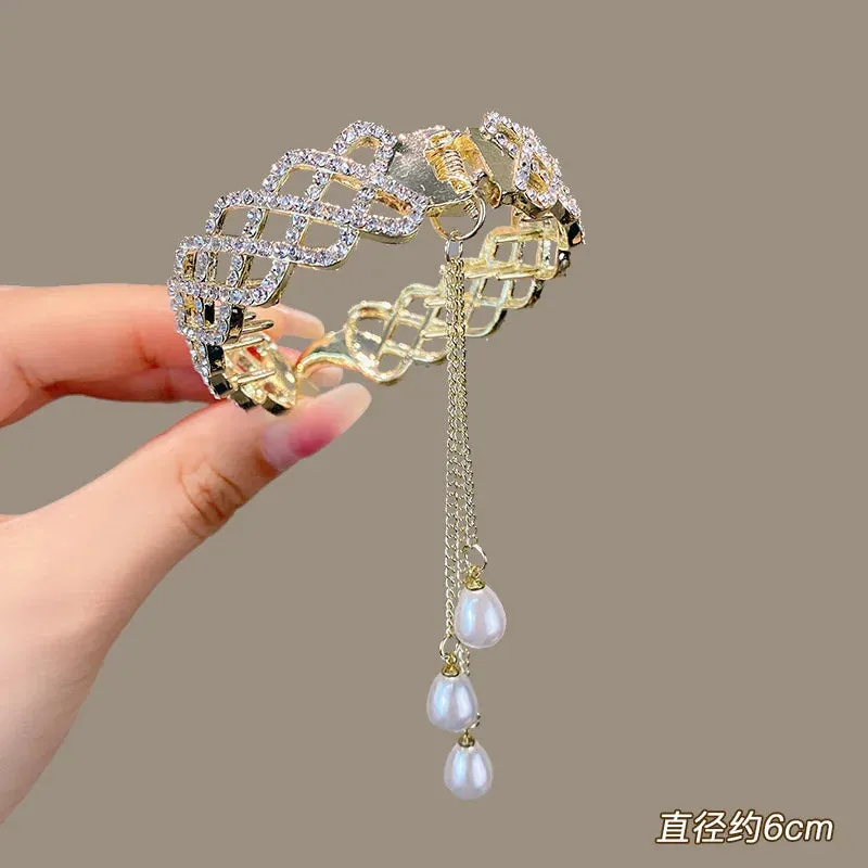 Elegant Luxury Rhinestone Tassel Ponytail Hair Claws Sweet Meatball Hair Clips Headband Fashion Hair Accessories