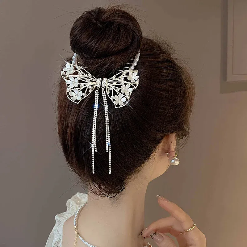 Elegant Luxury Rhinestone Tassel Ponytail Hair Claws Sweet Meatball Hair Clips Headband Fashion Hair Accessories