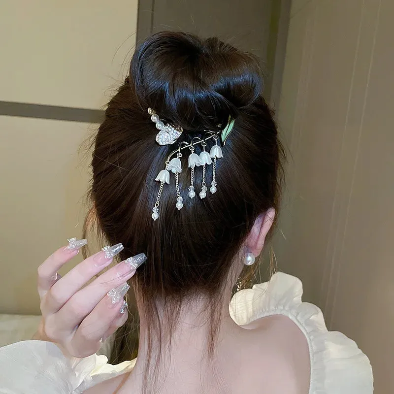 Elegant Luxury Rhinestone Tassel Ponytail Hair Claws Sweet Meatball Hair Clips Headband Fashion Hair Accessories