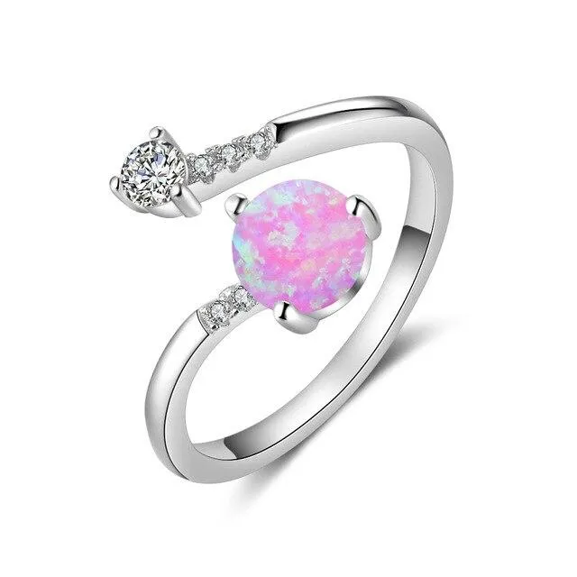 Elegant Sterling Silver Wrap Adjustable Ring Blue Pink White Opal Rings for Women Female Wedding