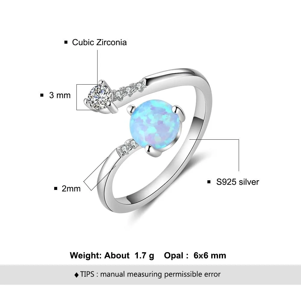 Elegant Sterling Silver Wrap Adjustable Ring Blue Pink White Opal Rings for Women Female Wedding