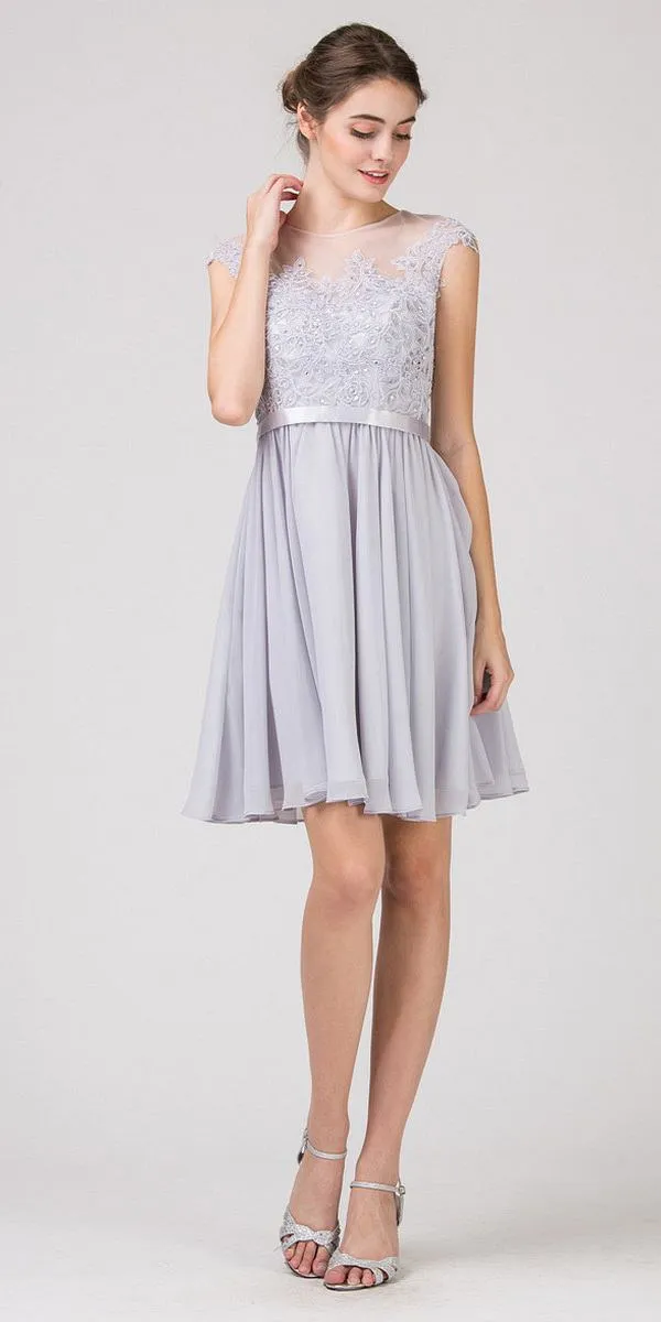 Eureka 3633 Appliqued Bodice A-Line Dress Knee-Length