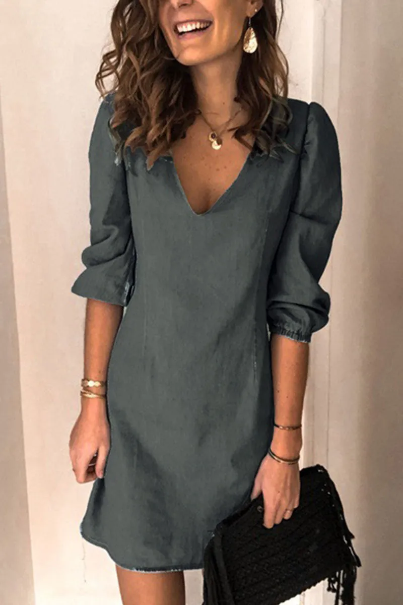 Fashion Casual Solid V Neck Denim Dress Dresses(4 Colors)
