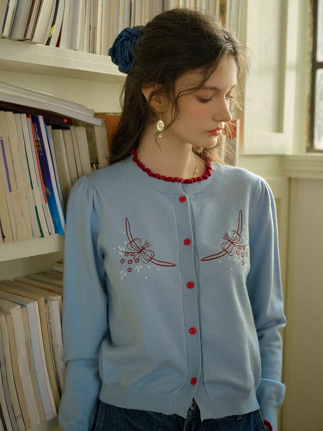 【Final Sale】Soleil Standing Collar Embroidered Colour Clash Sweater Cardigan