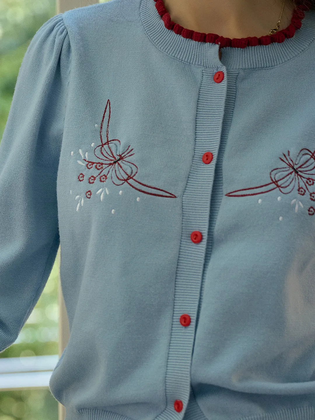 【Final Sale】Soleil Standing Collar Embroidered Colour Clash Sweater Cardigan