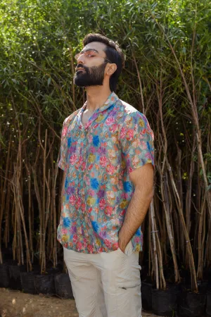 Floral Steel Grey - Russian Silk - Oversize Hawaiin Collar For Men