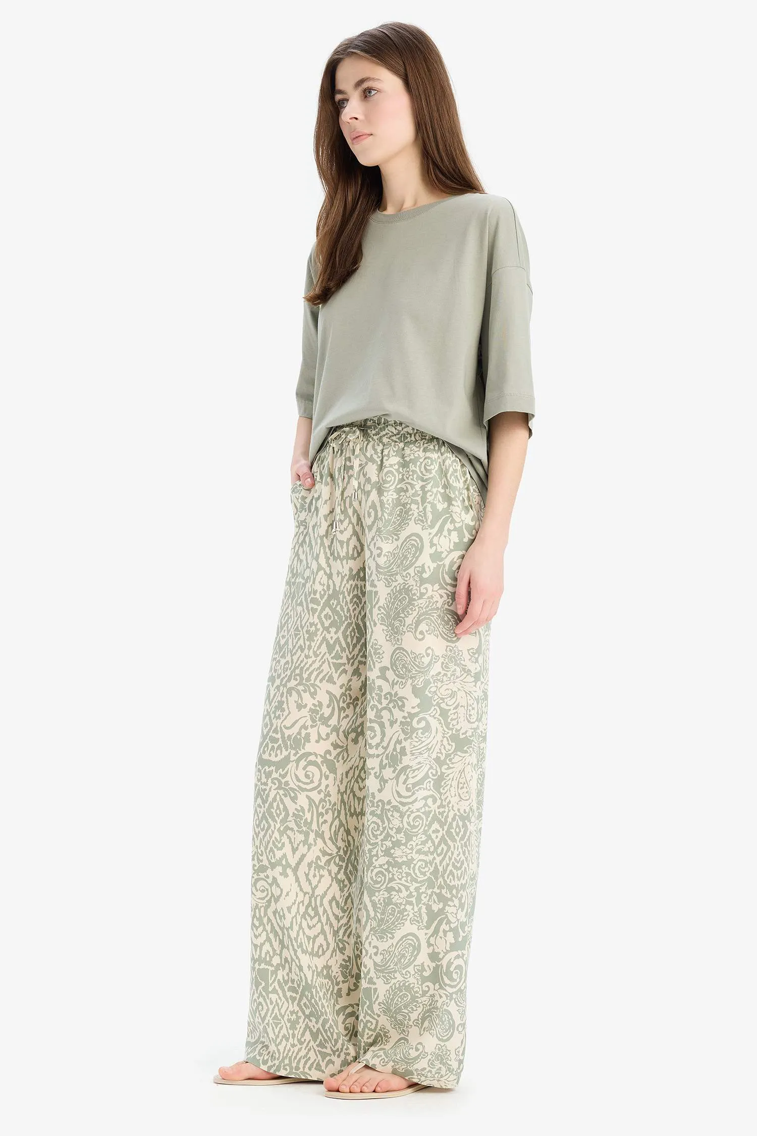 Florida Pattern Viscose Fabric Palazzo Pants High Waist Wide Leg
