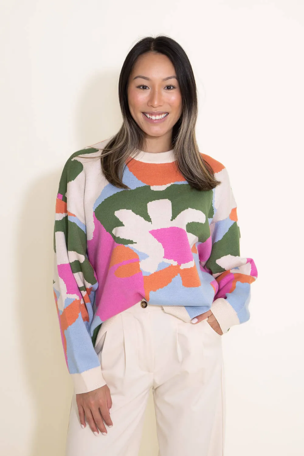 Flower Print Sweater for Women in Cream/Multi | PSW2900-CREAMMULTI