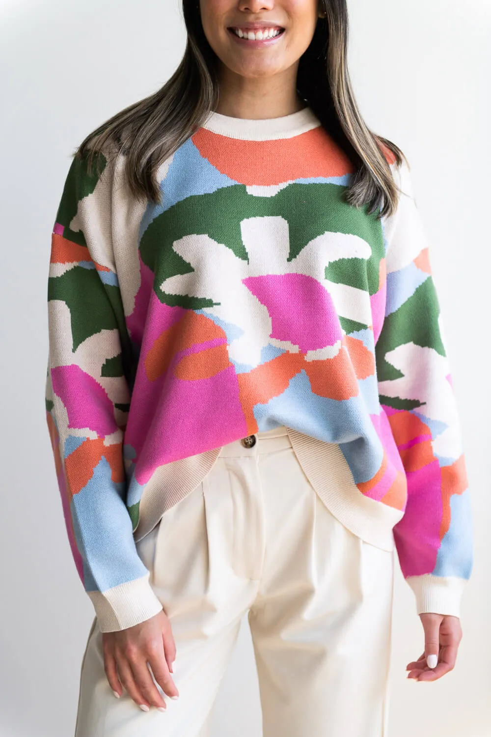 Flower Print Sweater for Women in Cream/Multi | PSW2900-CREAMMULTI
