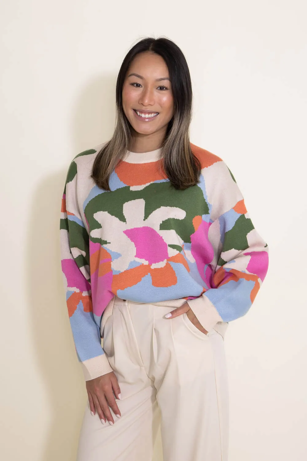 Flower Print Sweater for Women in Cream/Multi | PSW2900-CREAMMULTI