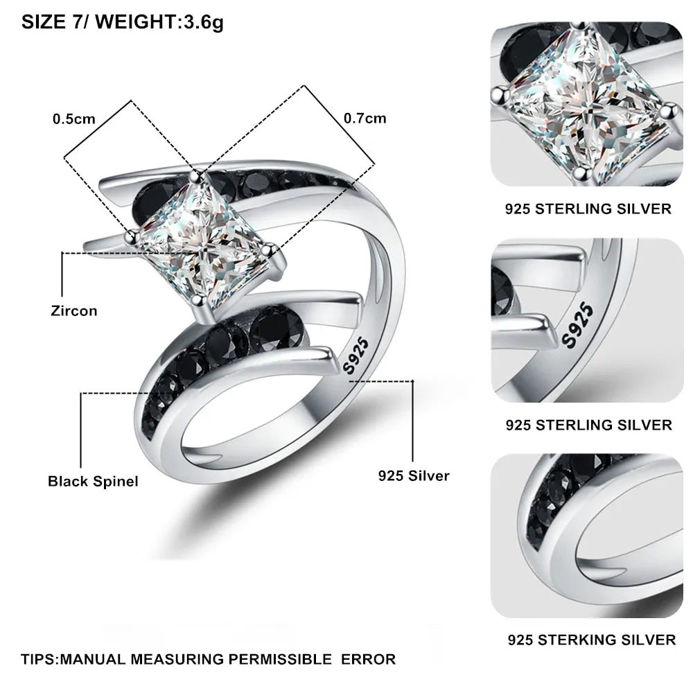 Genuine Black Gemstone Ring 925 Sterling Silver Row Women's Fine Jewelry