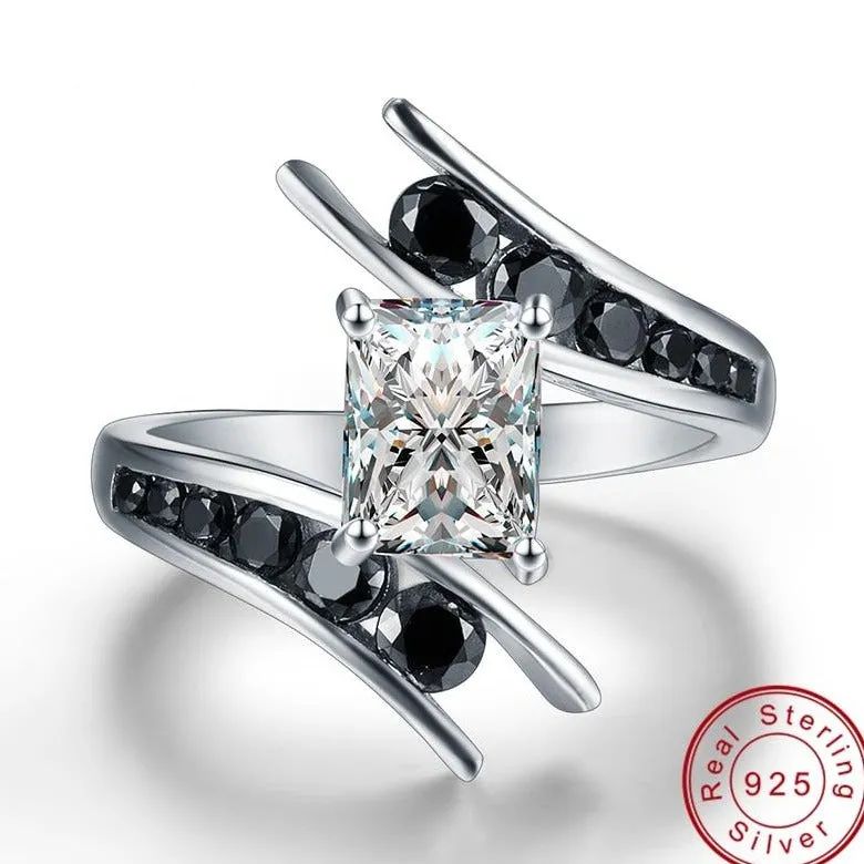 Genuine Black Gemstone Ring 925 Sterling Silver Row Women's Fine Jewelry