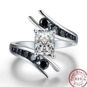 Genuine Black Gemstone Ring 925 Sterling Silver Row Women's Fine Jewelry