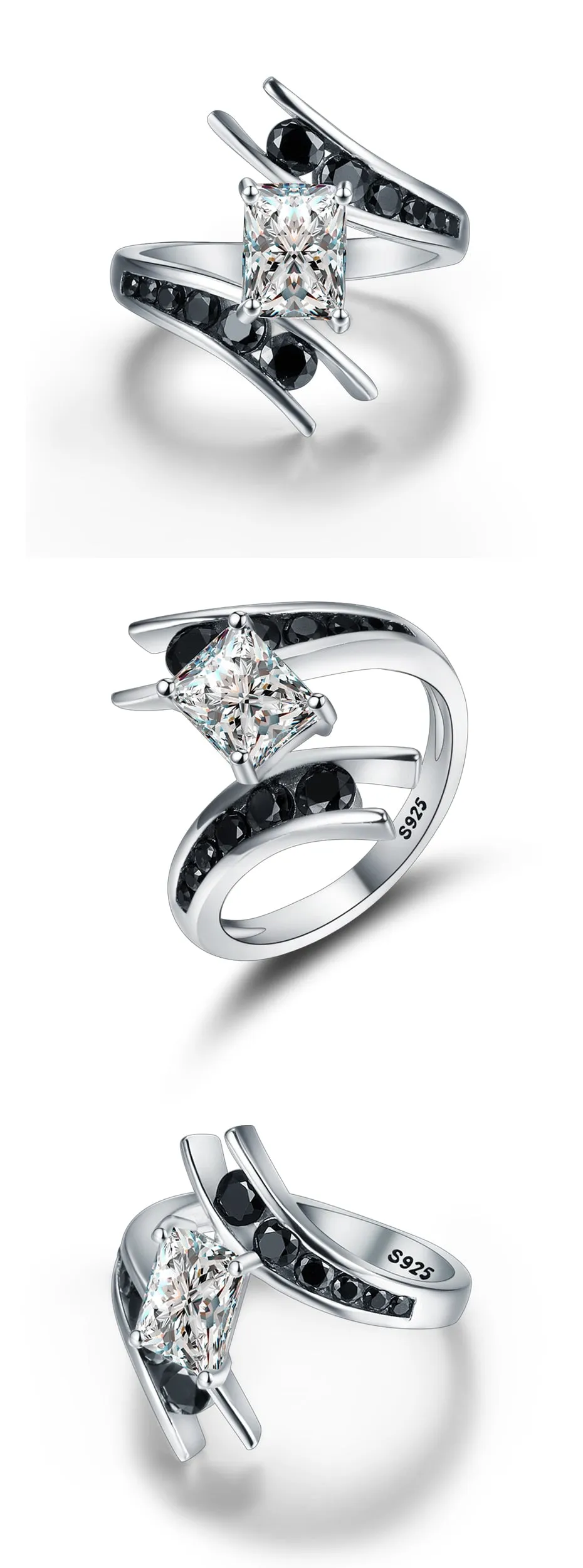 Genuine Black Gemstone Ring 925 Sterling Silver Row Women's Fine Jewelry