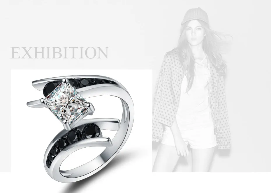 Genuine Black Gemstone Ring 925 Sterling Silver Row Women's Fine Jewelry