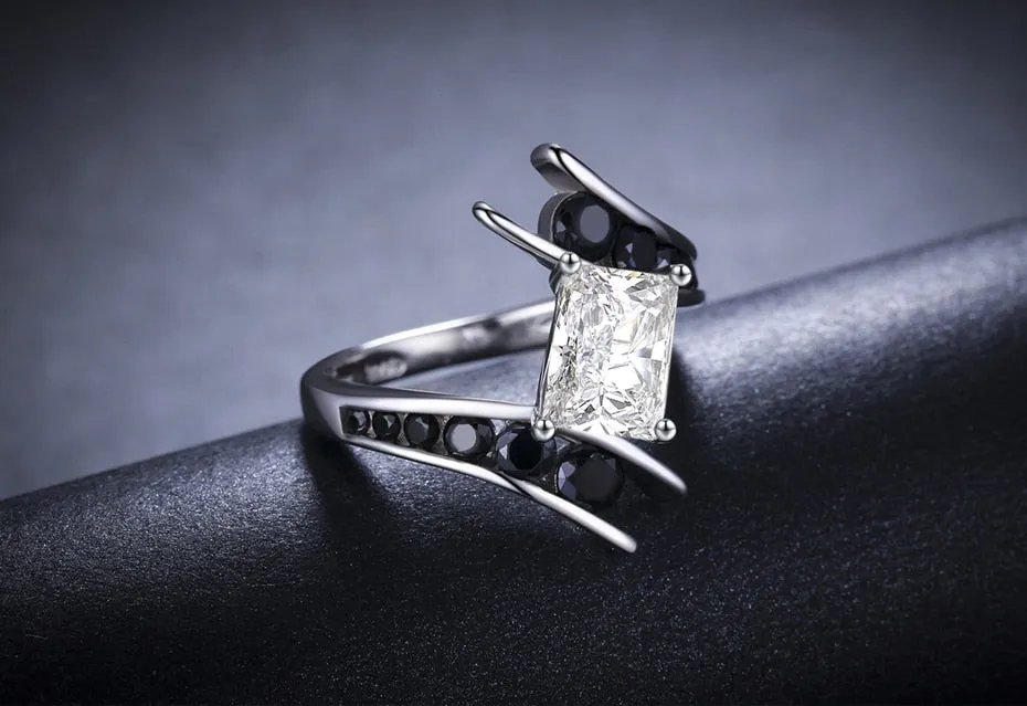Genuine Black Gemstone Ring 925 Sterling Silver Row Women's Fine Jewelry