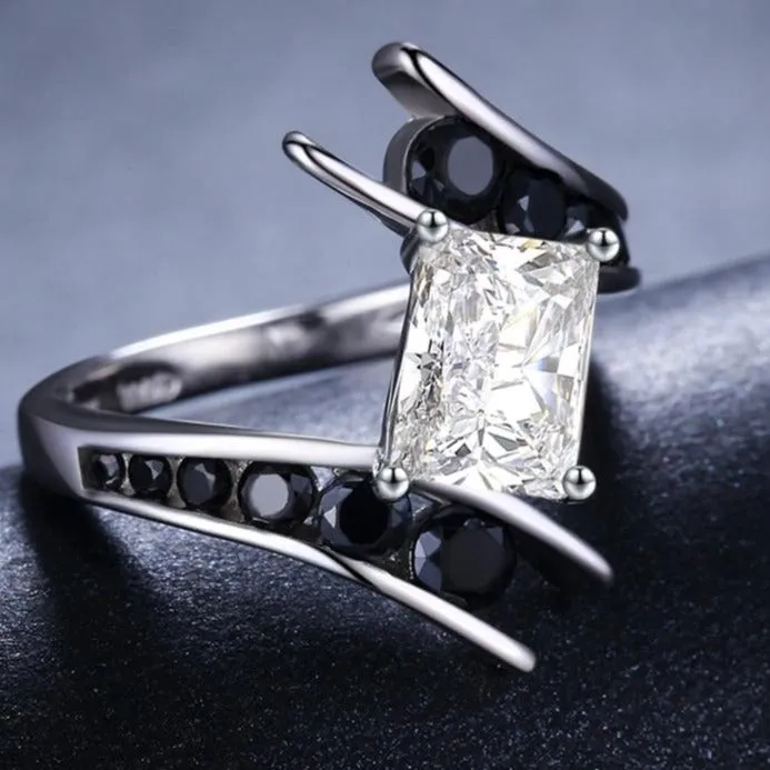 Genuine Black Gemstone Ring 925 Sterling Silver Row Women's Fine Jewelry