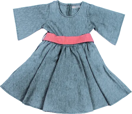 Girls Blue Organic Linen Blended Full Skirted Dress with 3/4 Fashion Bell Sleeves With Red Contrast Belt