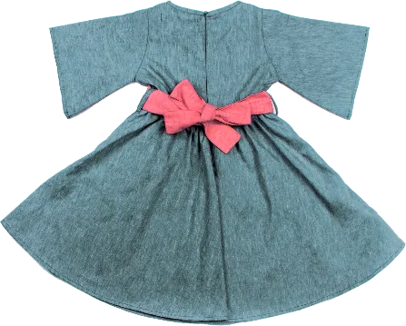 Girls Blue Organic Linen Blended Full Skirted Dress with 3/4 Fashion Bell Sleeves With Red Contrast Belt
