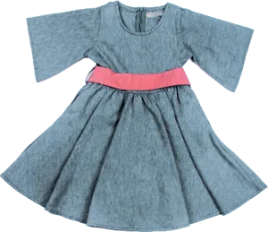 Girls Blue Organic Linen Blended Full Skirted Dress with 3/4 Fashion Bell Sleeves With Red Contrast Belt