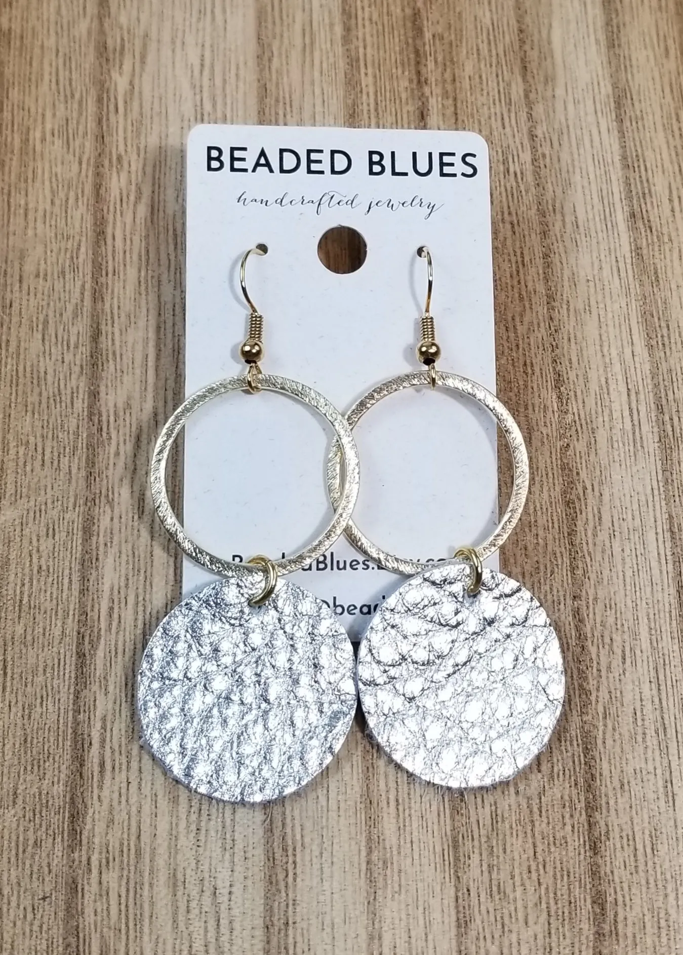 Gold Metal/Silver Shimmer Circle Leather Earrings
