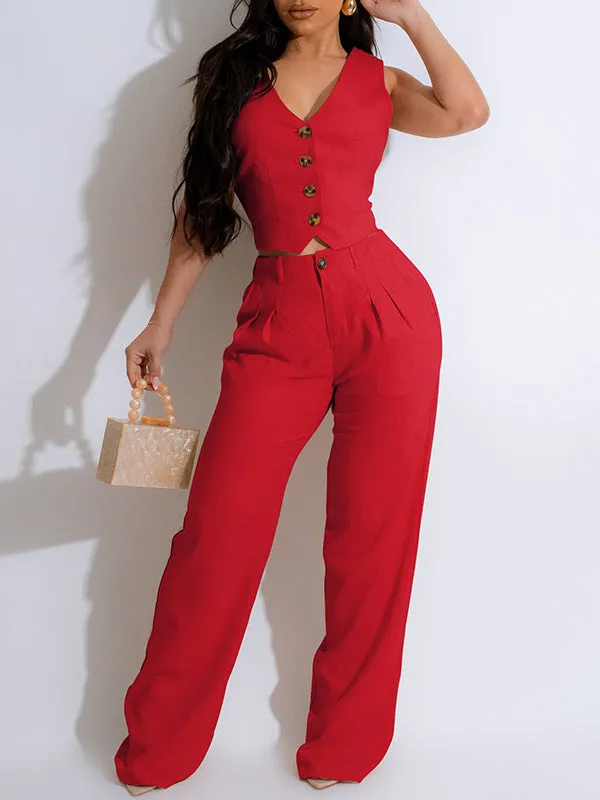 Gorgeousladie Button-Front Vest & Pants Set