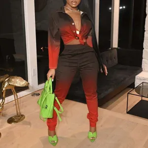 Gradient Color Long Sleeve Button Front Top & Pants Set