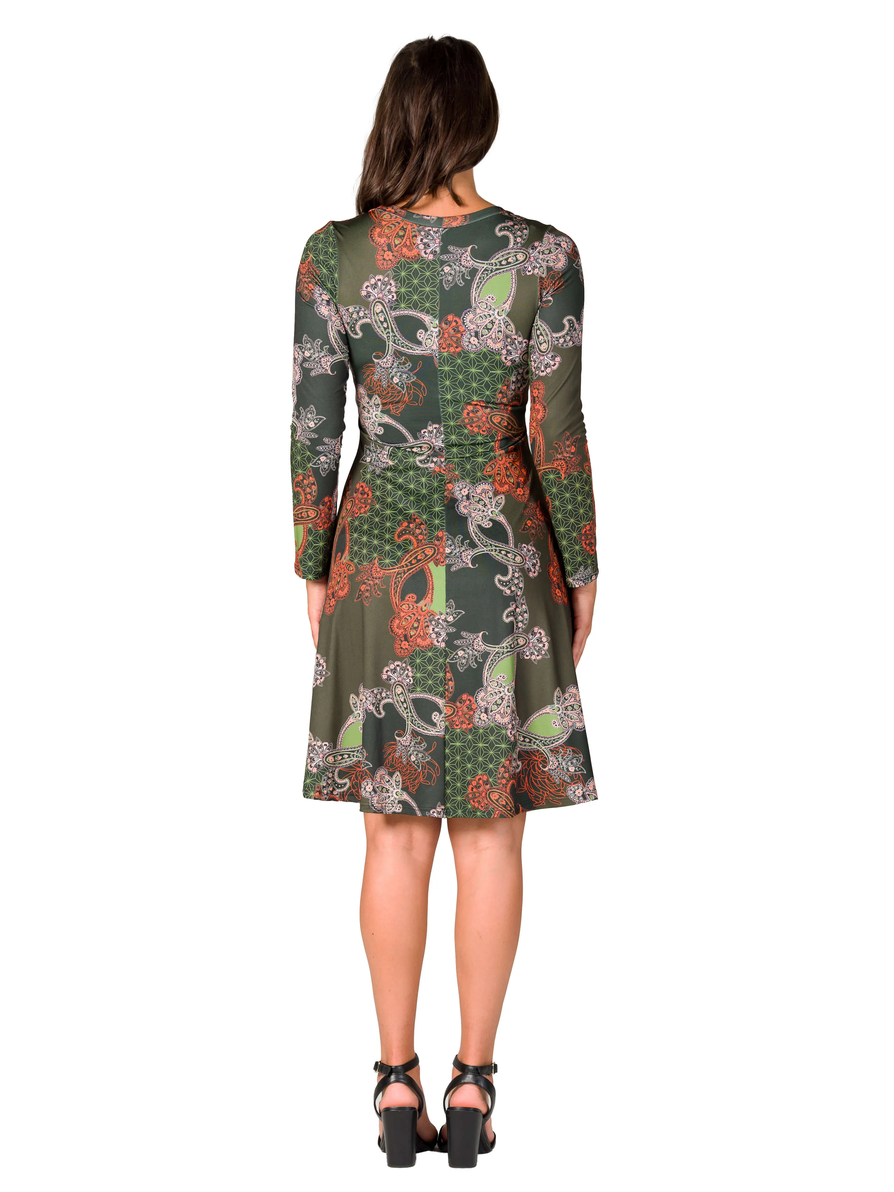 Green Paisley Print Long Sleeve Knee Length Dress
