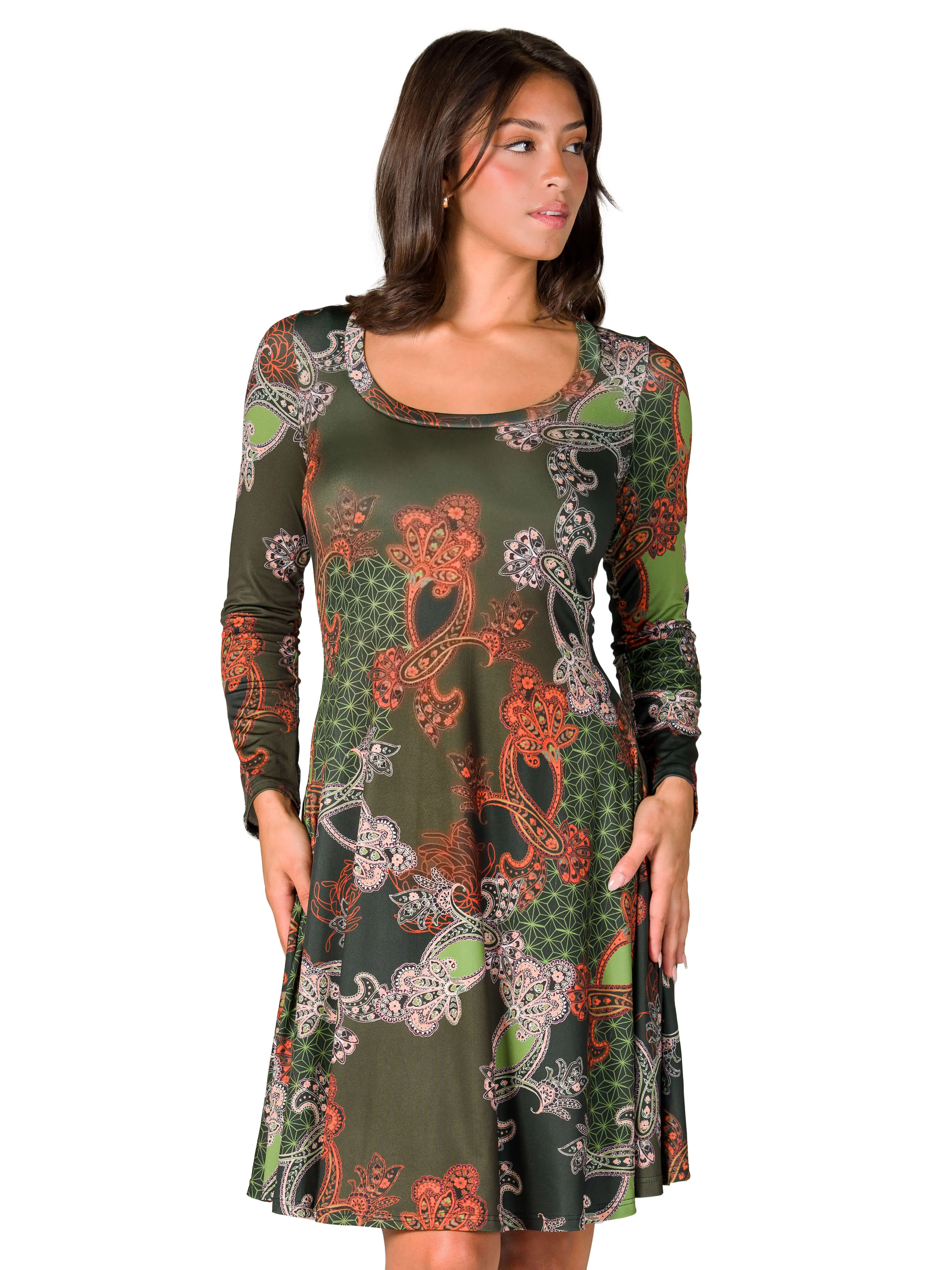 Green Paisley Print Long Sleeve Knee Length Dress