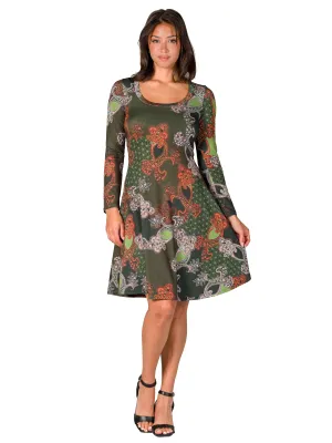 Green Paisley Print Long Sleeve Knee Length Dress