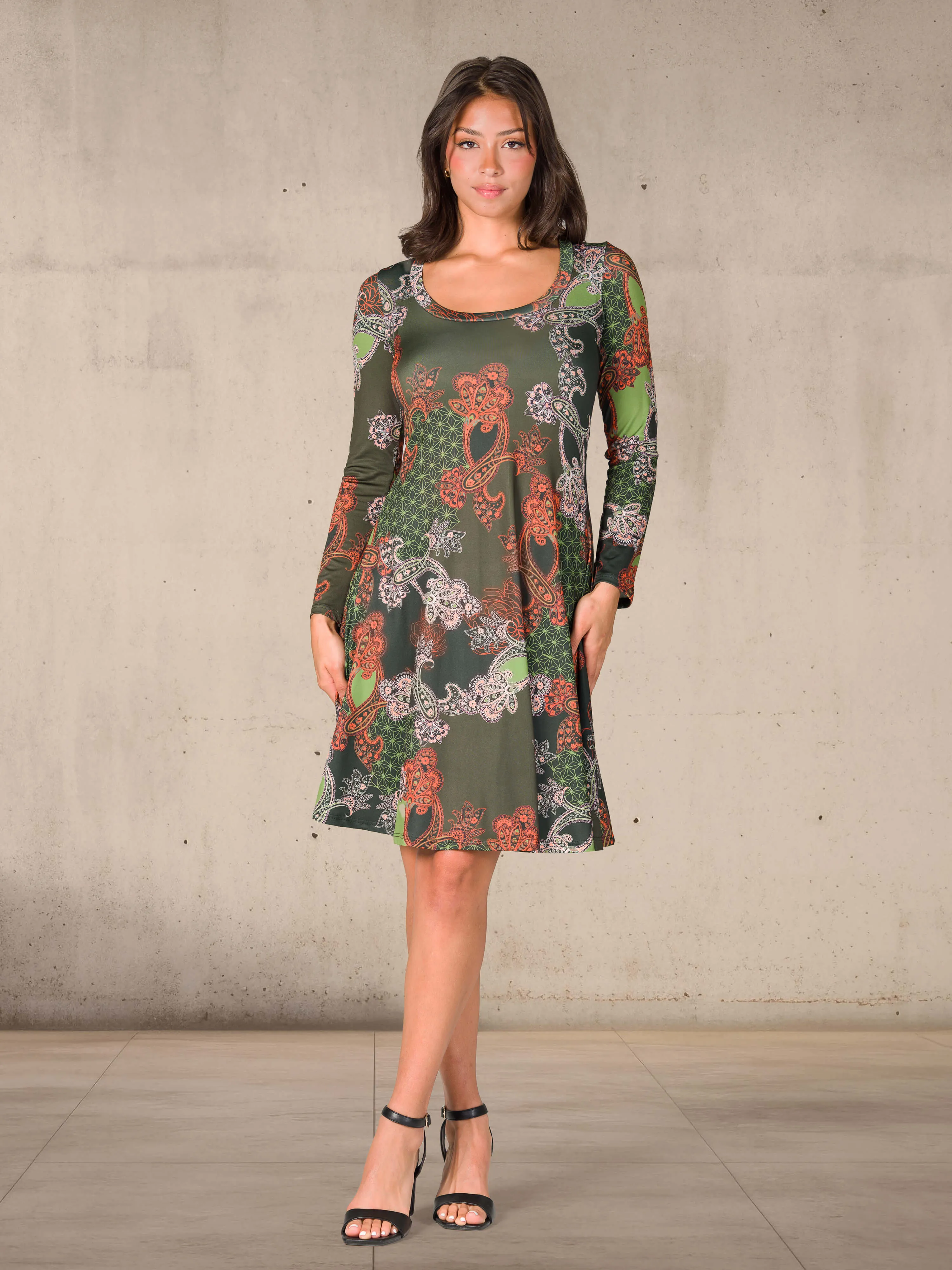 Green Paisley Print Long Sleeve Knee Length Dress