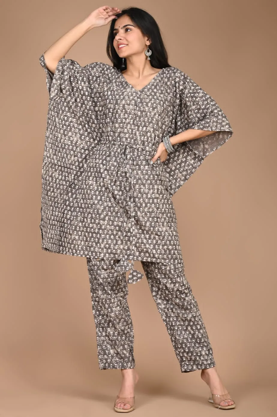 Grey Cotton Kaftan Set