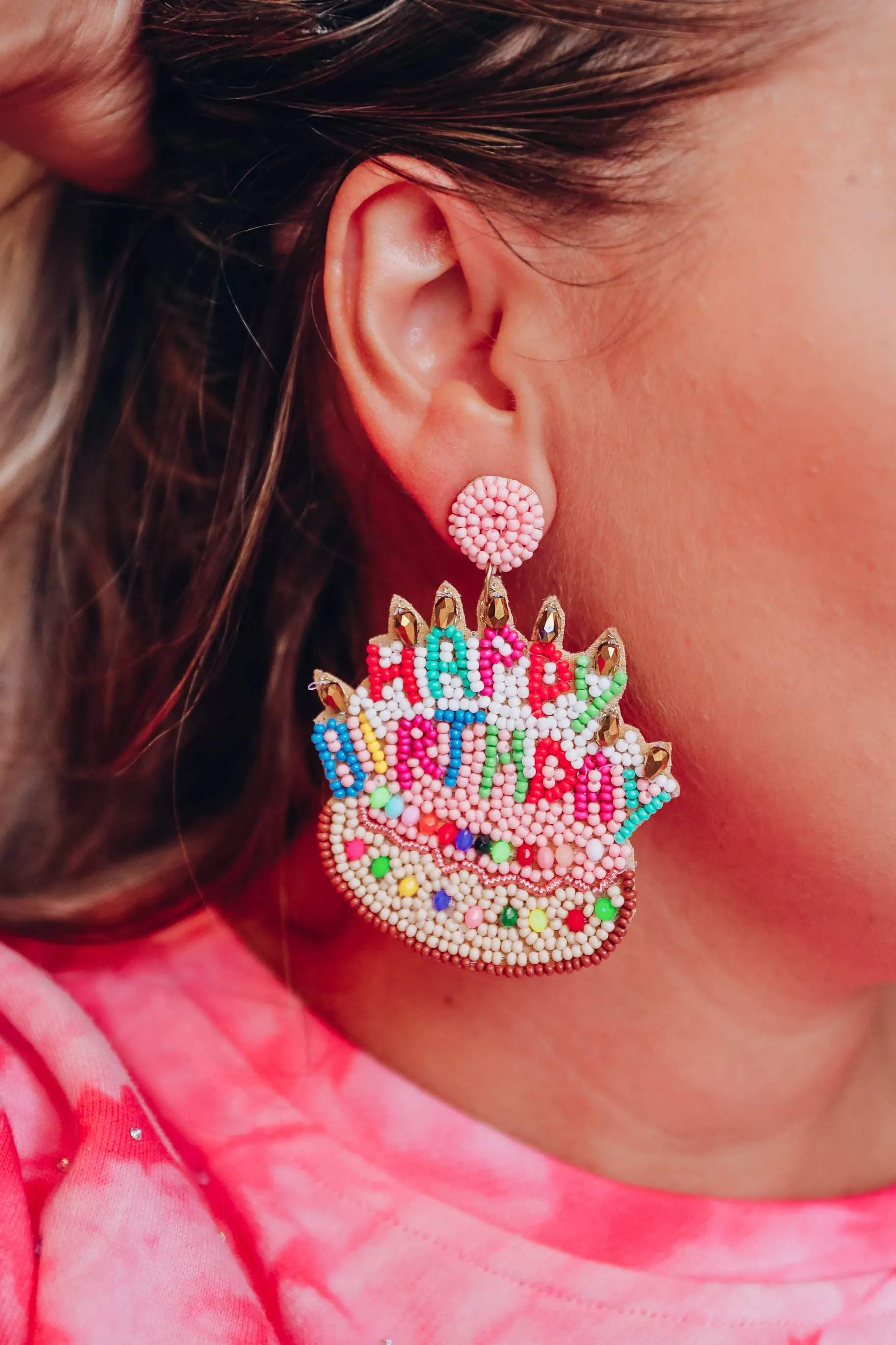 Happy Birthday Beaded Earrings - Light Pink