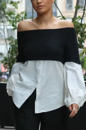 HTT1138 Chic Contrast Off-Shoulder Blouse Top