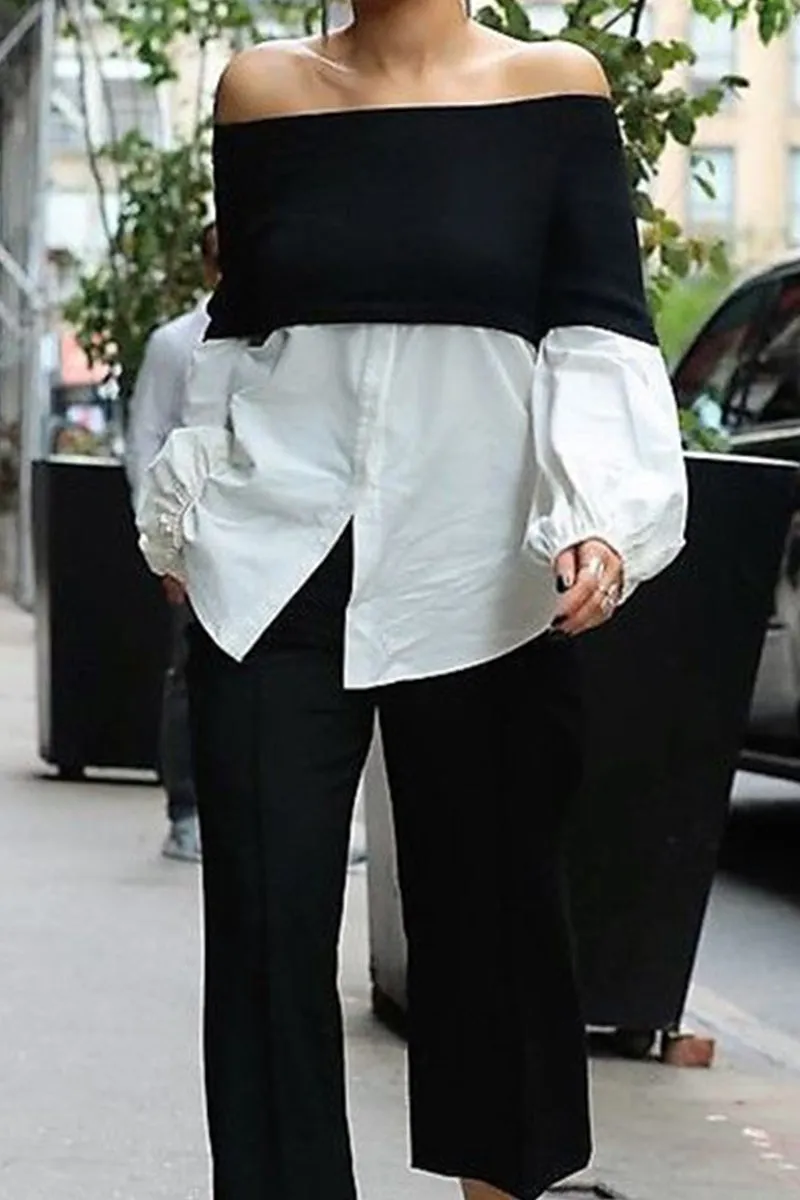 HTT1138 Chic Contrast Off-Shoulder Blouse Top