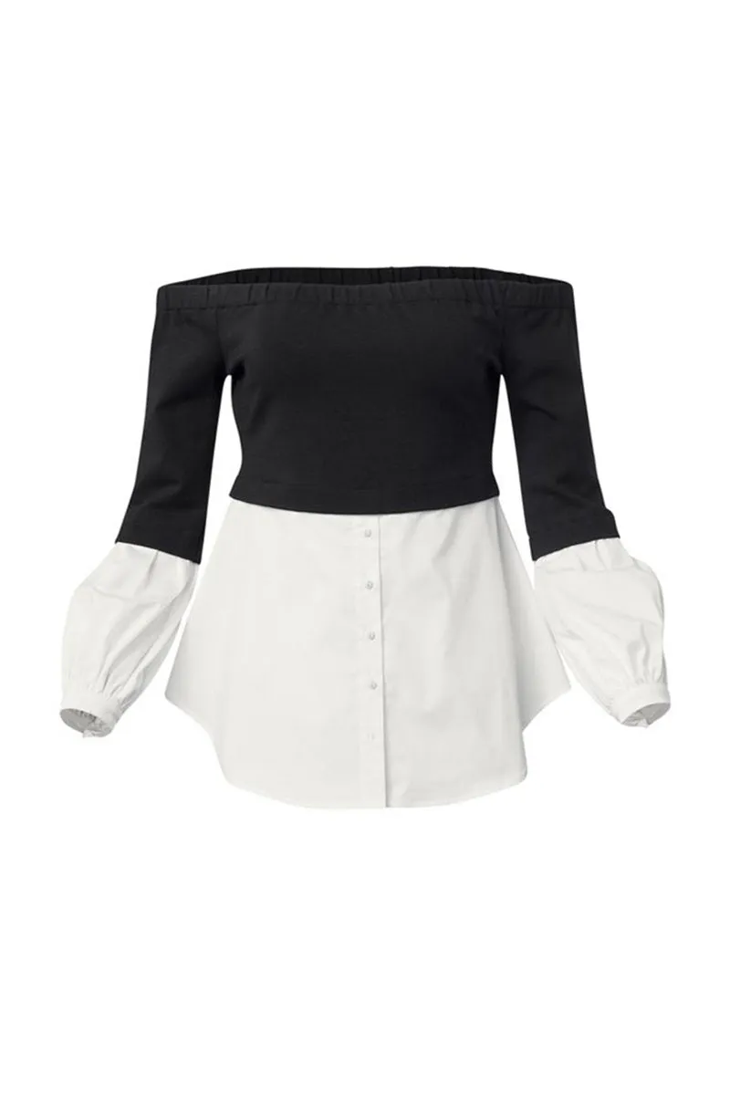 HTT1138 Chic Contrast Off-Shoulder Blouse Top