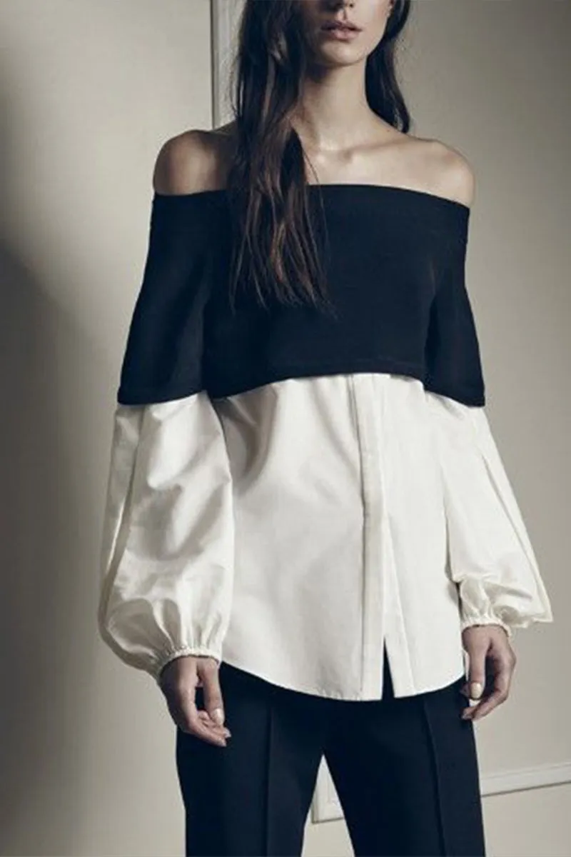 HTT1138 Chic Contrast Off-Shoulder Blouse Top