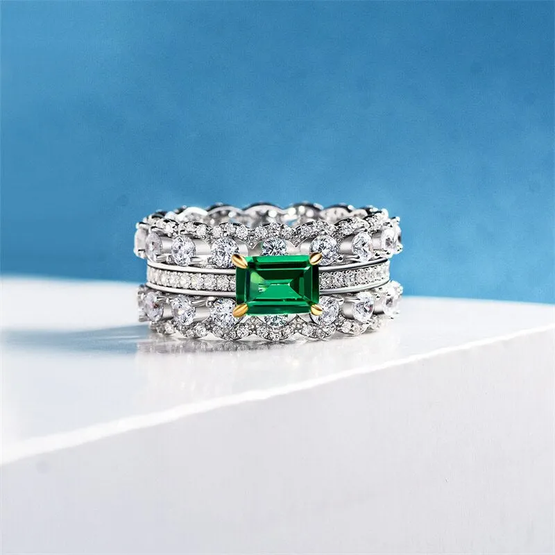 Inlaid Rectangle Green Zircon Ring for Women Wedding Jewelry