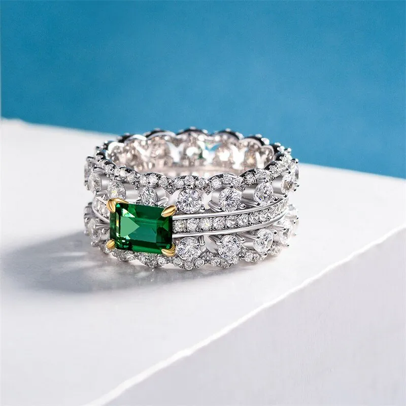 Inlaid Rectangle Green Zircon Ring for Women Wedding Jewelry