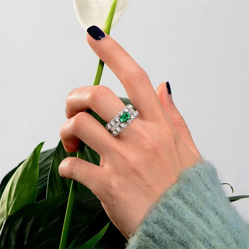 Inlaid Rectangle Green Zircon Ring for Women Wedding Jewelry