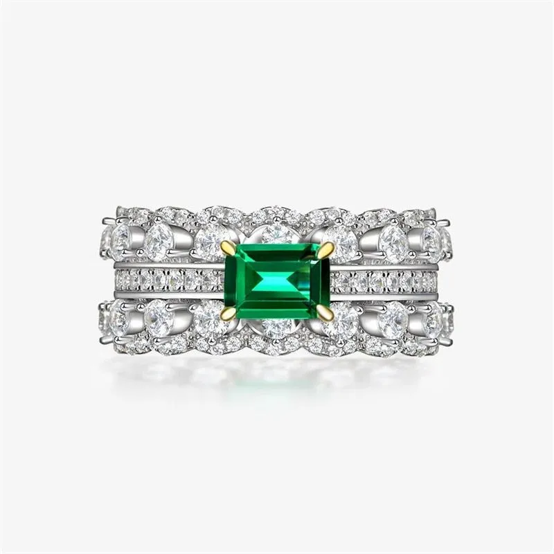 Inlaid Rectangle Green Zircon Ring for Women Wedding Jewelry