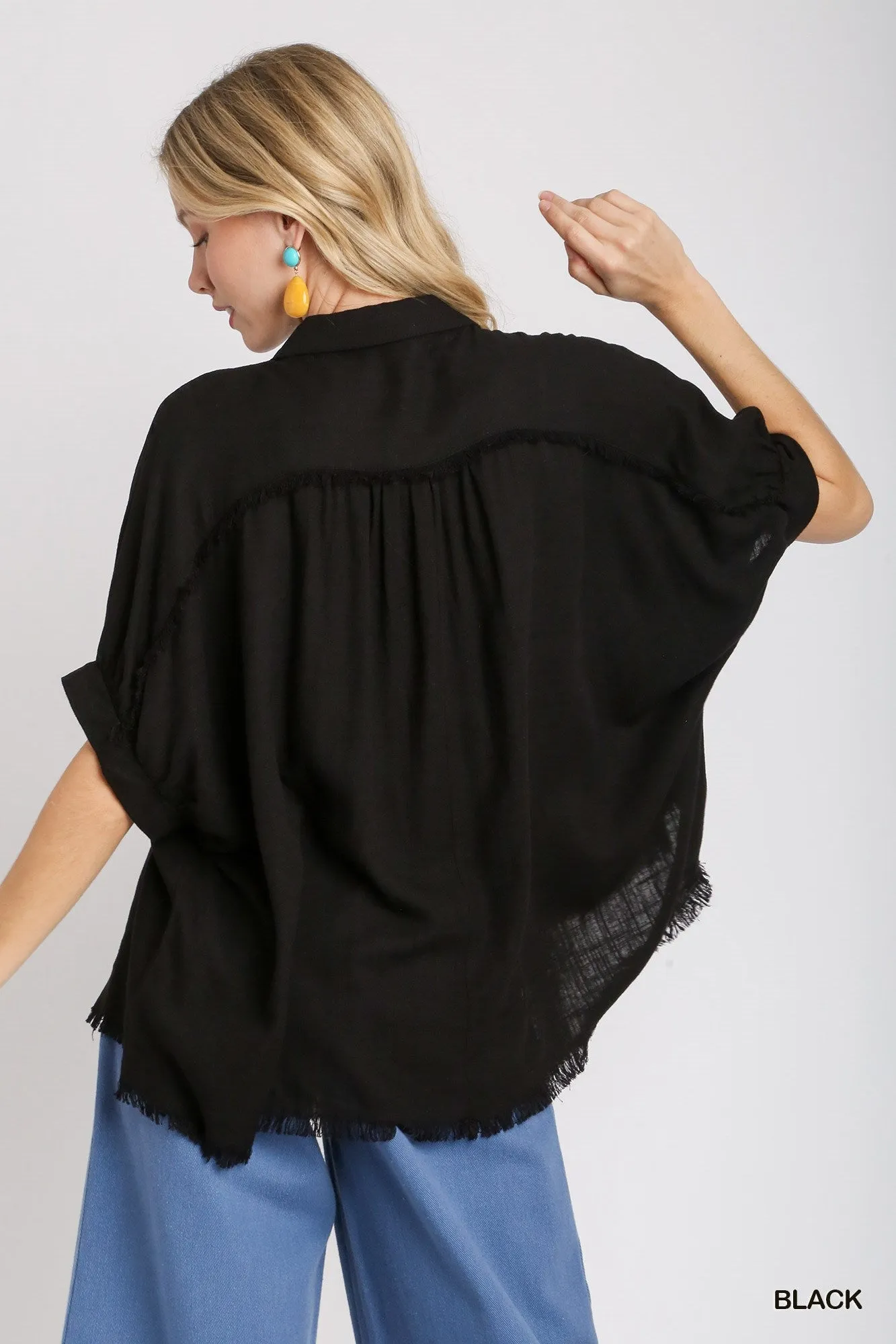 Kelly Linen Boxy Cut Button Down Collared Top In Black