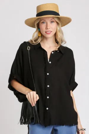 Kelly Linen Boxy Cut Button Down Collared Top In Black