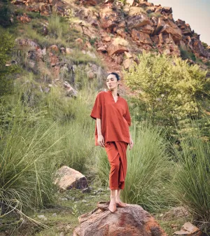 Khara Kapas Beyond The Rays Dhoti Skirt Co-ord Set 100% Cotton  Brick Red KW697