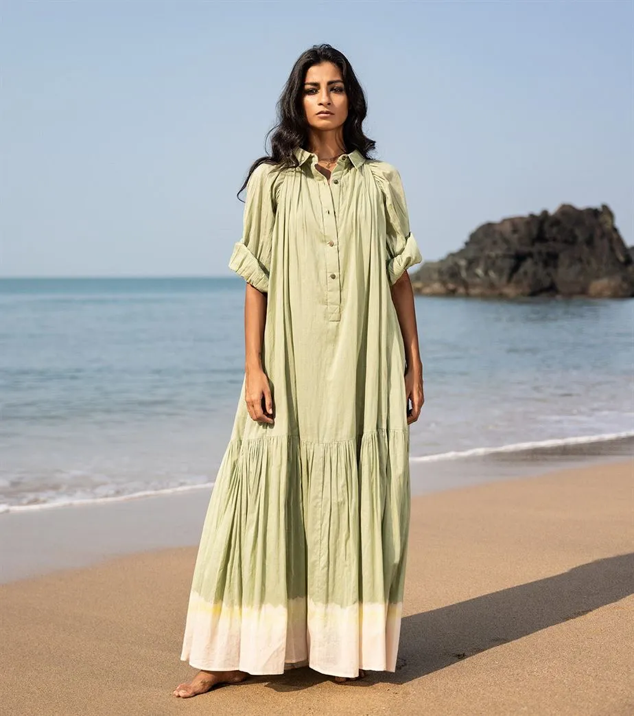 Khara Kapas I  Oh carol I Cotton Mulmul Apricot Dress Pear green KK-24-10