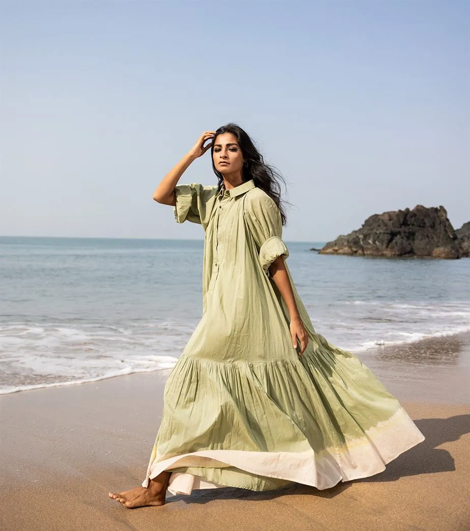Khara Kapas I  Oh carol I Cotton Mulmul Apricot Dress Pear green KK-24-10