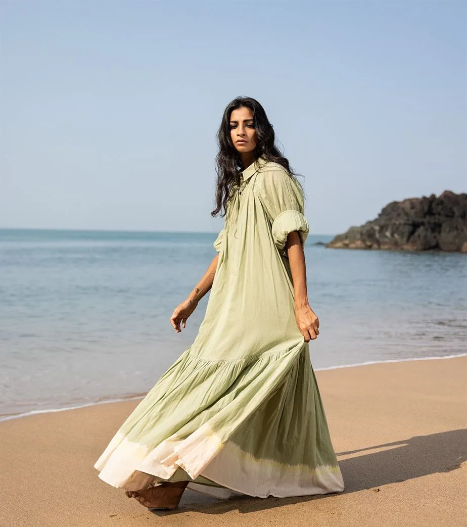 Khara Kapas I  Oh carol I Cotton Mulmul Apricot Dress Pear green KK-24-10